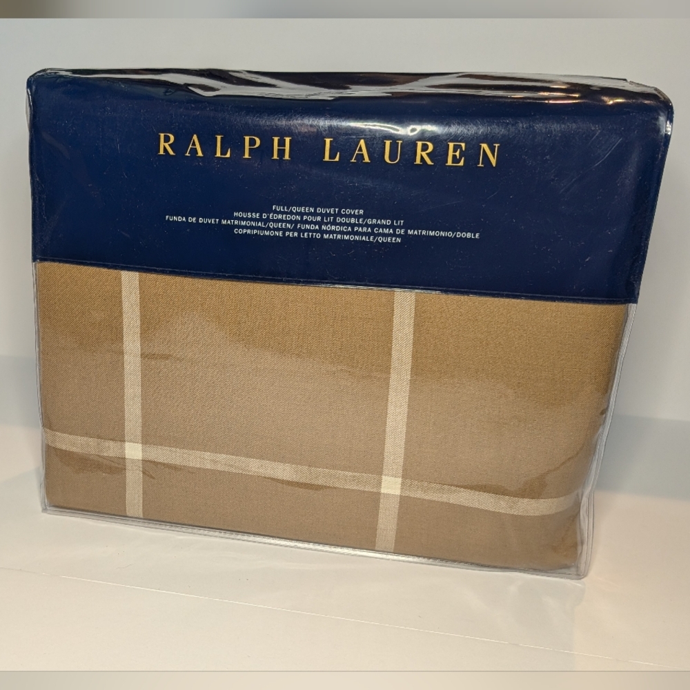 Full Queen Ralph Lauren Duvet Cover Modern Equestrian Windowpane Tan Plaid Camel